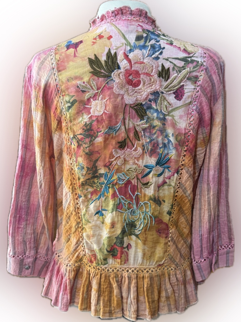 Aratta Floral Embroidered Pink Multicolor Women’s Cardigan Blouse, NWT
